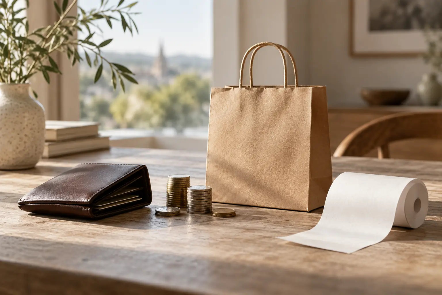 Pièces, portefeuille et sac de courses sur un bureau clair : payer le juste prix